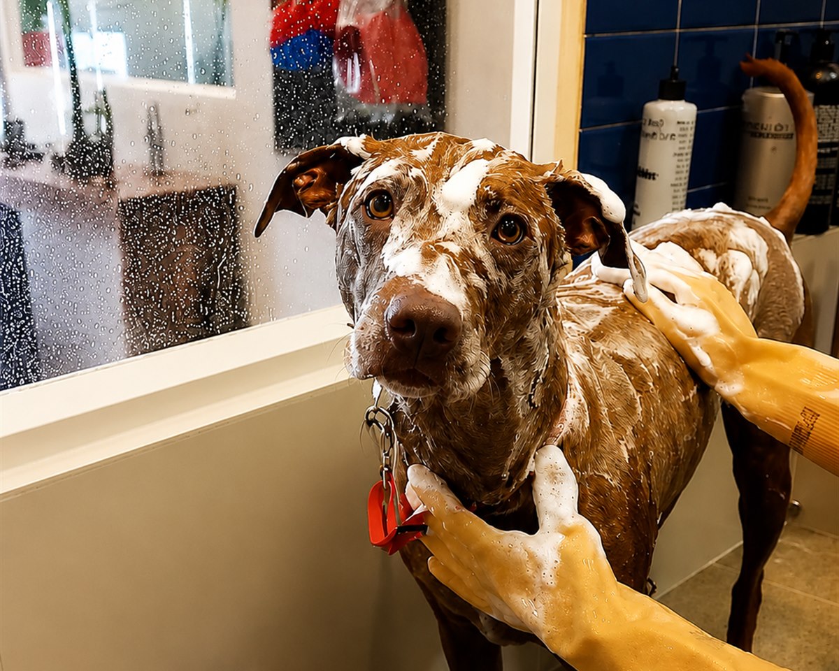 C&atilde;o recebendo banho na PetSkill